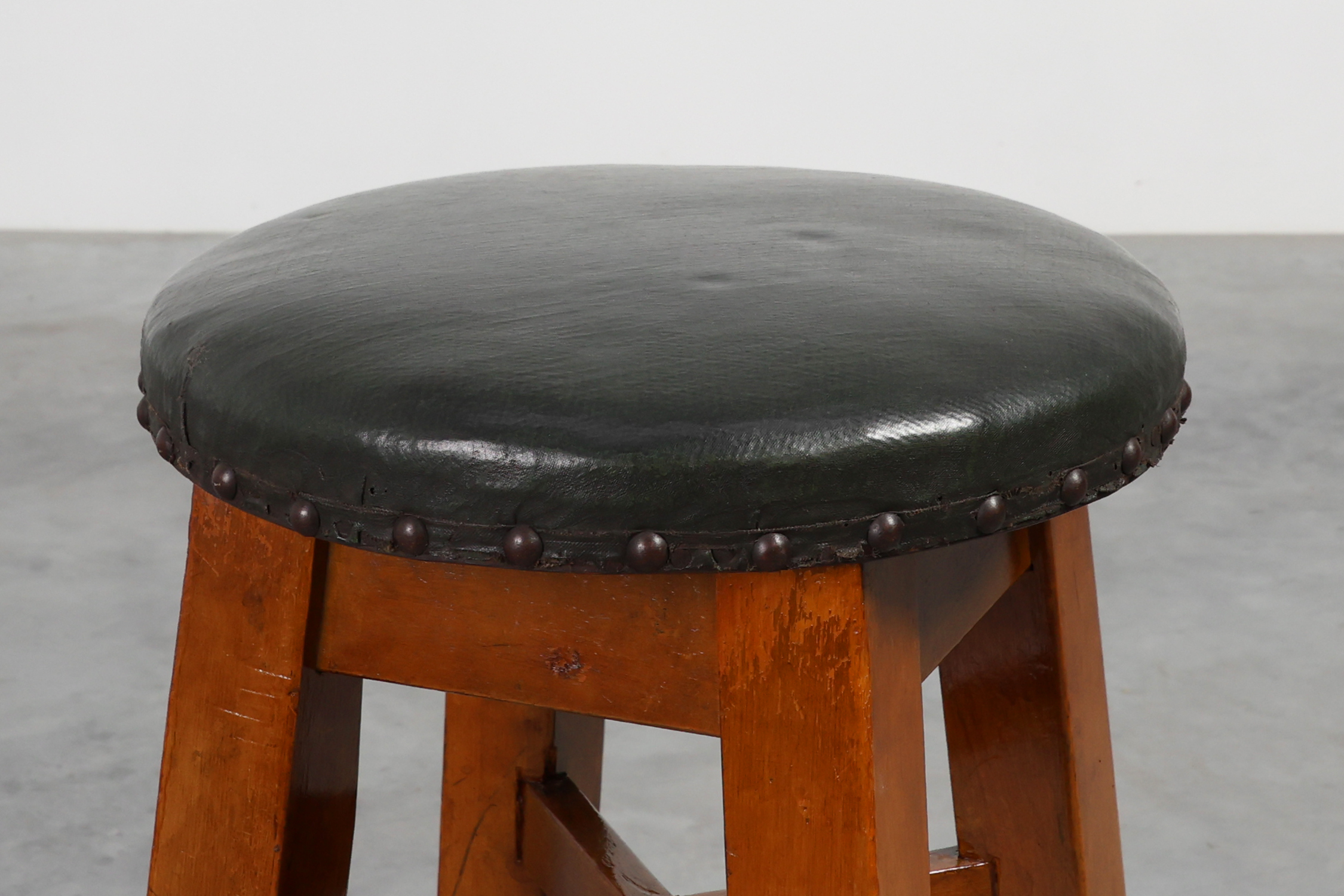 Arts & Crafts Meets Early Art Deco Oak & Leather Stool, France 1920 thumbnail